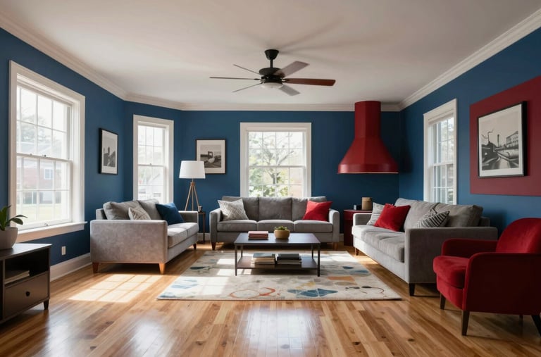 A wide-angle interior photograph of a sun-drenched, clutter-free living room in a Bucks County, Pennsylvania home. The style is modern and sophisticated with soft Royal Blue and Candy Apple Red accents in the decor. Every surface is polished and immaculate, reflecting professional lighting. The room is spacious and showcases meticulous cleaning craftsmanship.