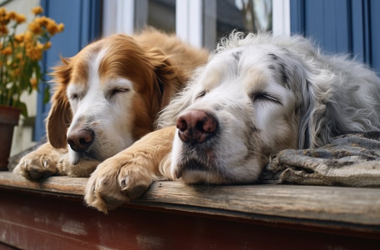 two dogs are sleeping on a porch.