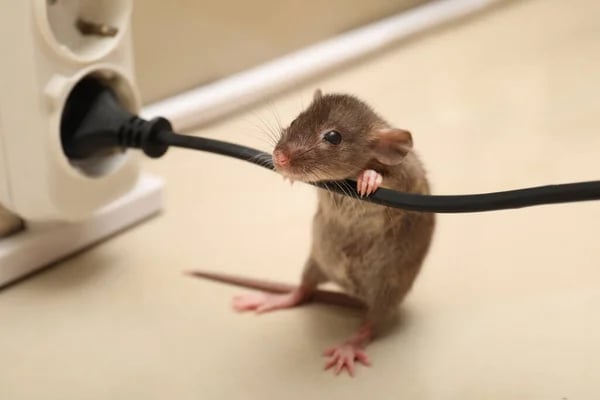Petit rat brun qui s'apprête à ronger un fil électrique.