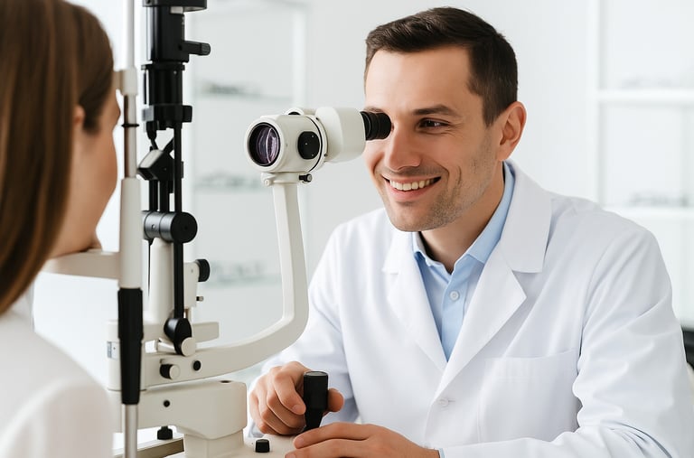 A smiling optometrist assists a patient in a bright, modern Burnaby clinic.