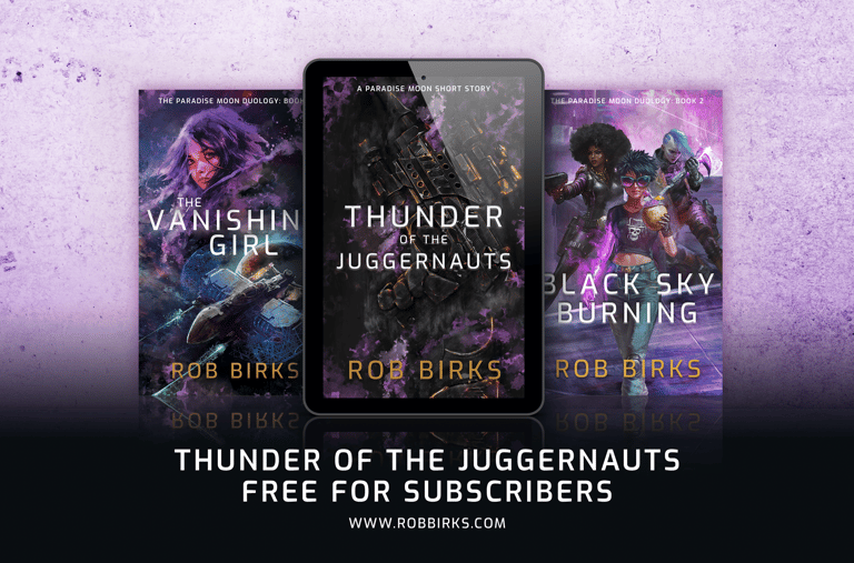 Book covers for Paradise Moon series, including free ebook Thunder of the Juggernauts