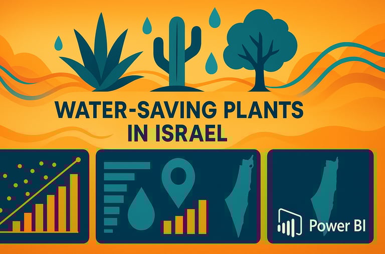 Illustration of a report on water-saving plants in Israel showing 3 different plants & a few graphs