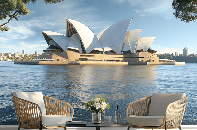 Serene waterfront view of the Sydney Opera House with chairs for visitors, emphasizing Australia's 