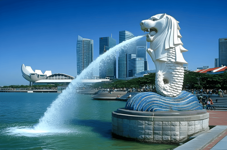 Iconic Merlion statue with water spewing, symbolizing Singapore's cultural heritage and modern sky