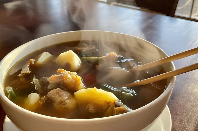 a bowl of bouillon soup with chopsticks and chopsticks
