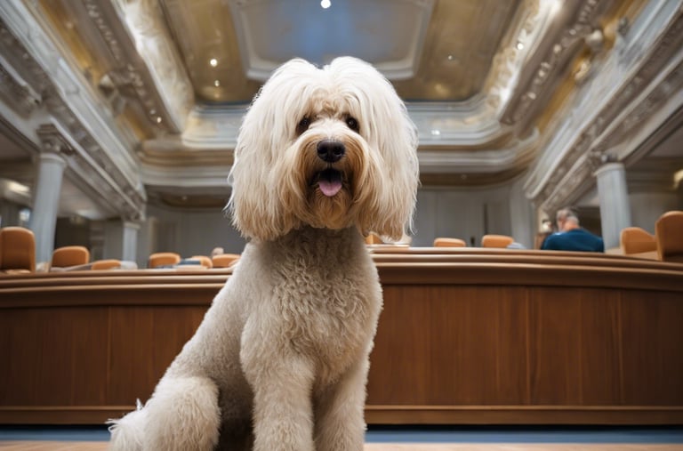 A dog on trial in a courtroom