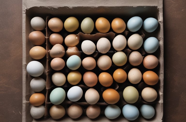 Assorted duck and turkey eggs displayed on wooden table