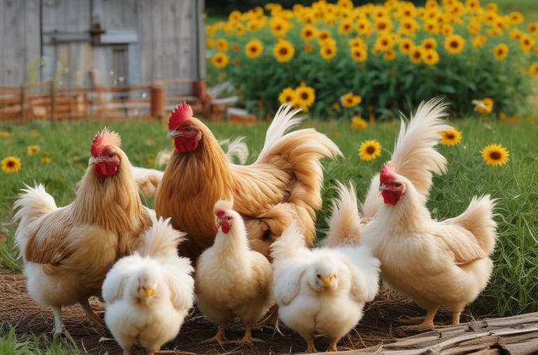 Farm chickens roaming freely in a green pasture