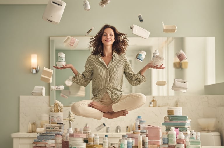 Woman surrounded by hormone support and wellness products