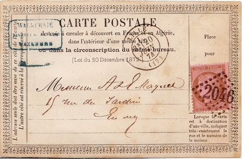 1874: Carte de LILLE pour LILLE affranchie à 10 c. 