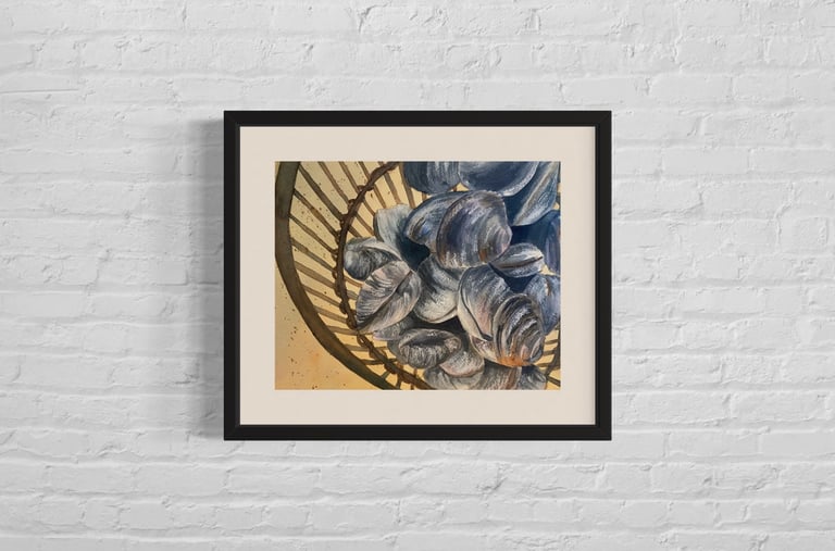 a painting of a basket full of quahogs