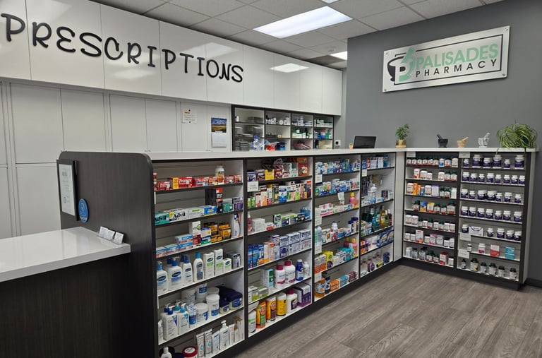 inside look of pharmacy with medical products on the shelves 