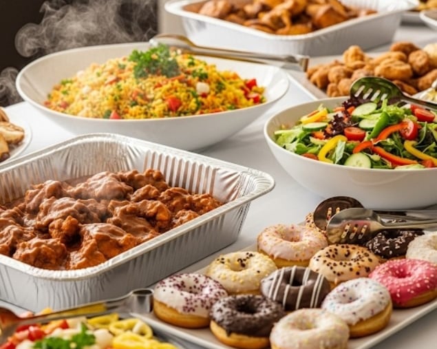 Corporate hot food buffet with 2 salads and donuts.