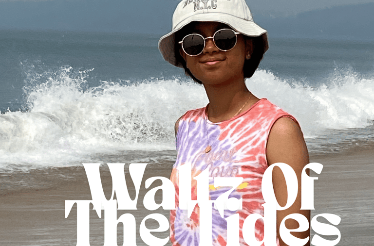 Shreyashi Tripathy, Indian pianist and composer, featured on the elegant and rhythmic album cover 'Waltz of the Tides'