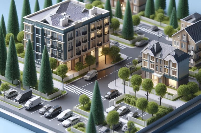 maquette d'architecte représentant un quartier avec immeubles, maisons, parcs et parking