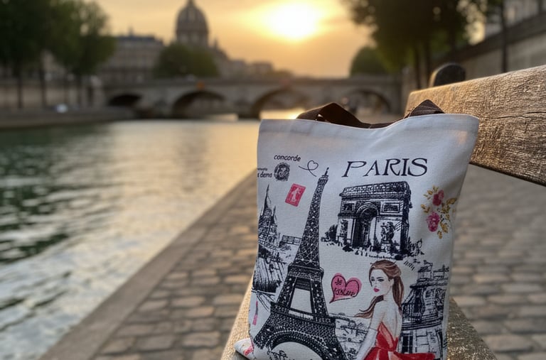 A Tote bag with Paris landmark printed on both side