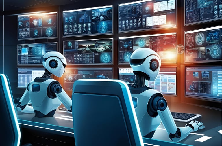 AI robots monitoring real-time data in a smart security command center – IX.Sentix illustration