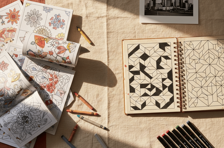 a jumbled pile of coloring pages and an open coloring book