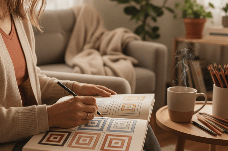 woman sitting with an open coloring book in her lap