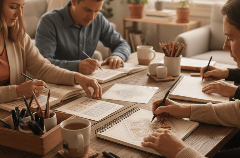 people sitting at a table coloring