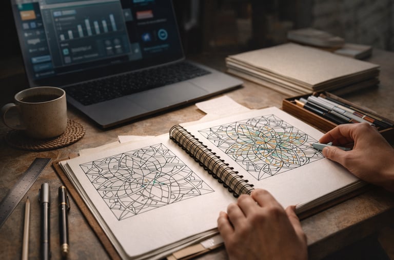 wirebound book with geometric drawings on workspace with laptop