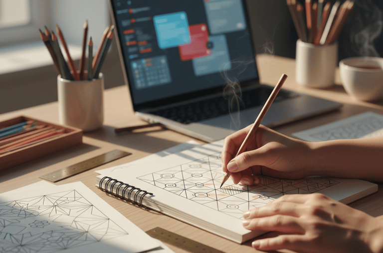 hand sketching a coloring page design on a desk with an open laptop