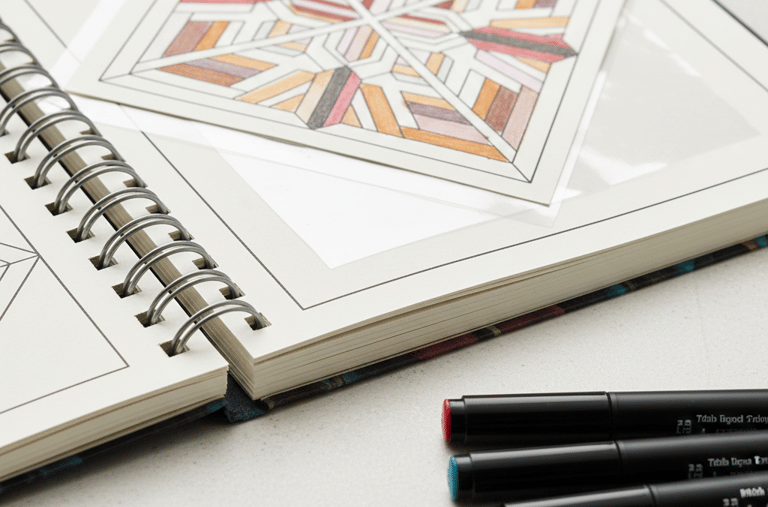 closeup view of a wirebound coloring book open to a colored page