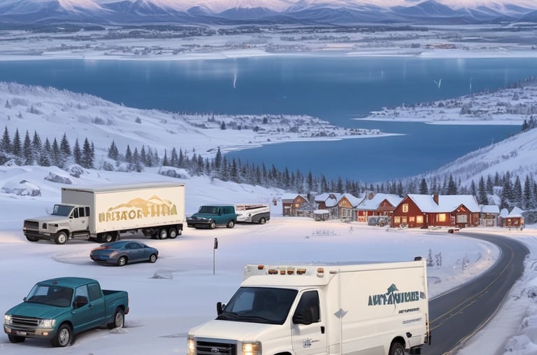 A FedEx Ground delivery truck is parked on a street next to a red brick building. The truck is white with the FedEx logo prominently displayed in purple and green on the side. A driver is seated inside, visible through the open door.