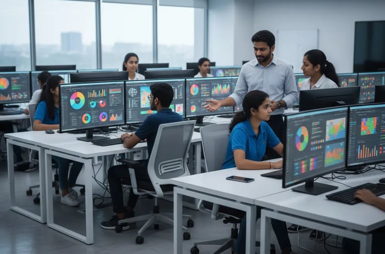 Instructor teaching SQL database commands to students in a computer classroom