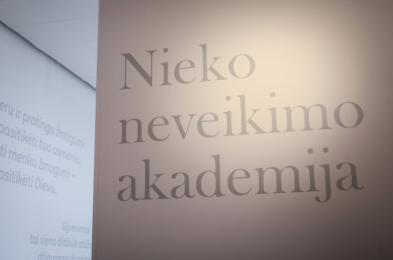 Užrašas "Nieko neveikimo akademija". Ant baltos sienelės užklijuotas pilkos spalvos lipdukas. 