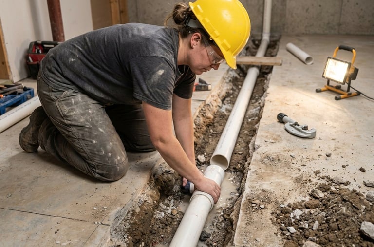 plumber installing pipe in slab on grade