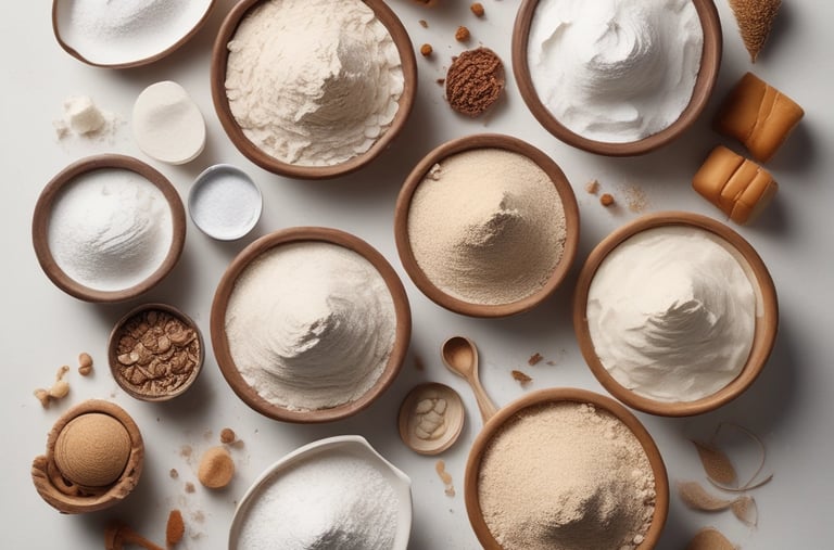 A variety of baking ingredients are arranged on a metallic surface. A large bowl contains oats, cubes of caramel, and white powder, likely flour or powdered sugar. Next to it is a large metal pot with similar white powder. Surrounding the containers are packs of oats, organic salted butter, caramel candies, and a large bag of nuts. A canister of Quaker oats and a salt grinder are also visible.