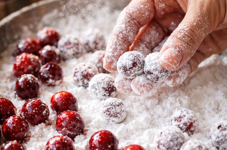 : Cranberries coated in powdered sugar for candied cranberry recipe