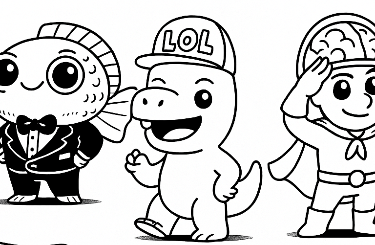 alt="Finbrööt Magnifico and other two on coloring card – Brainbrööt printable collection"