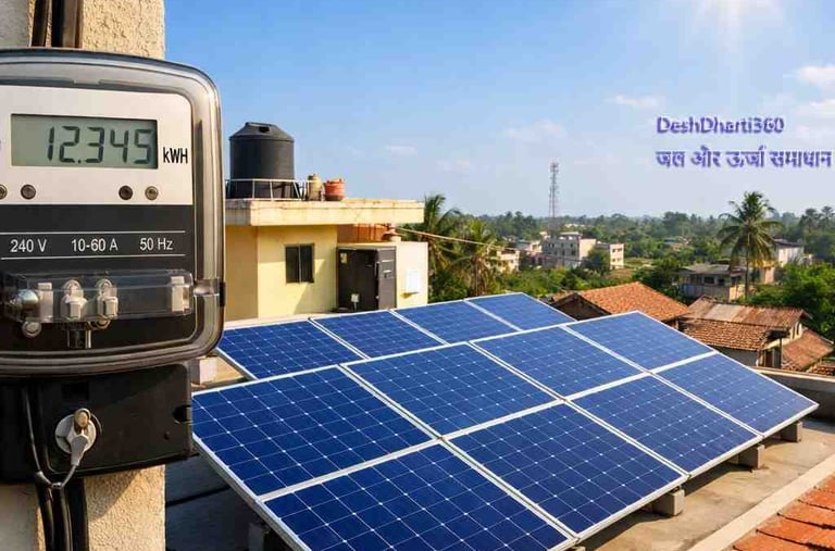भारतीय घर की छत पर लगा 3 किलोवाट सोलर पैनल सिस्टम और सामने डिजिटल बिजली मीटर