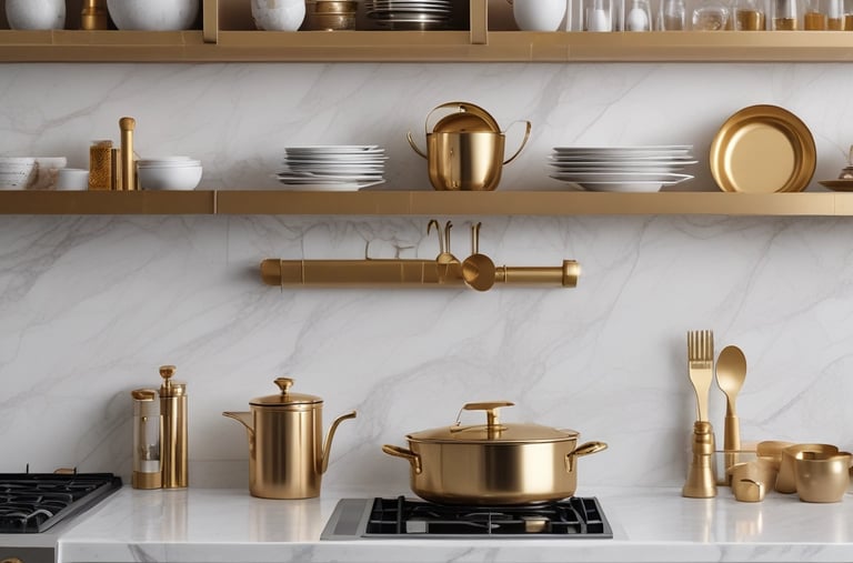 A close-up of a hand adorned with multiple pieces of jewelry including a chunky gold bracelet and two large rings. The hand rests against a pair of distressed blue jeans, creating a contrast between the luxurious gold accessories and casual denim fabric.