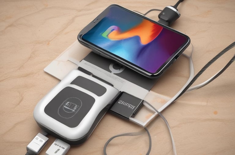 A sleek wireless charger with a smartphone resting on it, glowing softly.