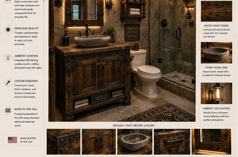 Custom rustic bathroom vanity with a natural stone vessel sink and ambient LED lighting.