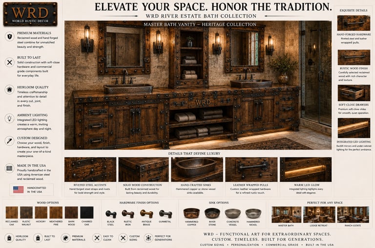 Custom double bathroom vanity from the World Rustic Decor Heritage Collection featuring reclaimed wood and hammered copper