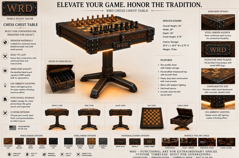 Luxury rustic wooden chess table with built-in storage, LED lighting, and metal accents for an elegant game room decor.