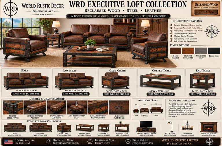Executive Loft Collection featuring industrial reclaimed wood furniture with riveted steel and brown leather upholstery.