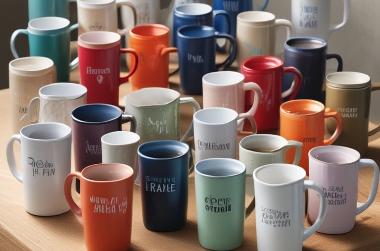 Close-up of artistic mugs featuring daily affirmation quotes.