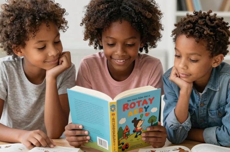 An open book with whimsical characters jumping off the pages.
