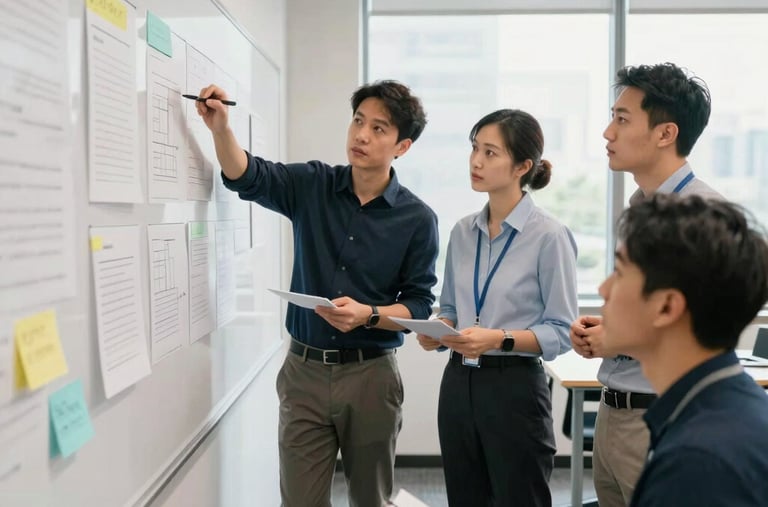 A group of instructional design experts having a creative workshop in a bright, modern US office. They collaborate on complex whiteboards. Highly focused, sophisticated design vibe.