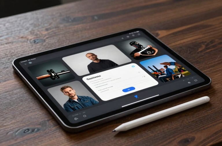 A sleek modern tablet and highly precise digital stylus resting on a dark wood table, showing live course interactive mockups. Contemporary creative design studio in North America.