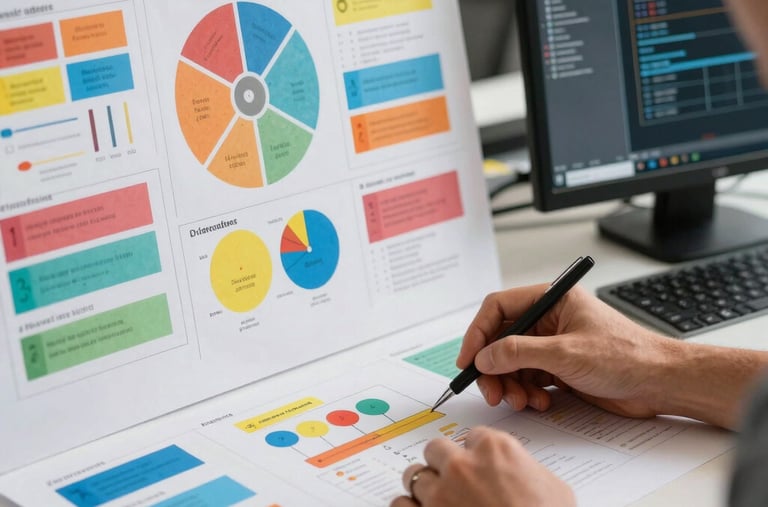 Close up of an instructional designer's workstation in the US showing colorful design guidelines, creative layout boards, and dynamic desktop computer interface.