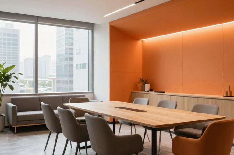 A stylish, brightly lit meeting lounge inside a corporate building in North America. Features minimalist lines, warm orange accents, and dynamic layout style.