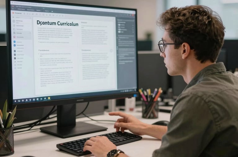 An instructional designer reviewing dynamic digital curriculum blueprints inside a creative North American office workspace.