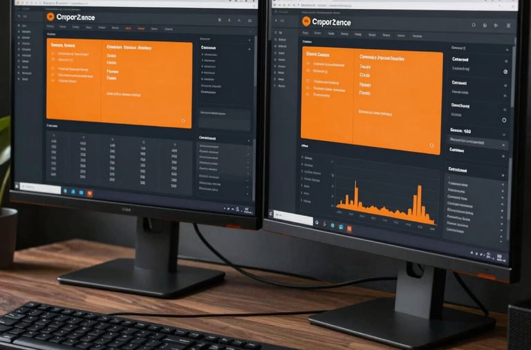 Sleek dual monitor setup showing premium user interface designs for enterprise corporate software, rich orange highlights, deep dark charcoal themes, elegant North American workspace.