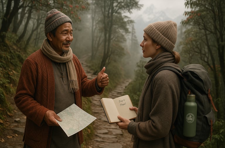 A local guide supports a beginner trekker through misty forest trails in Nepal.